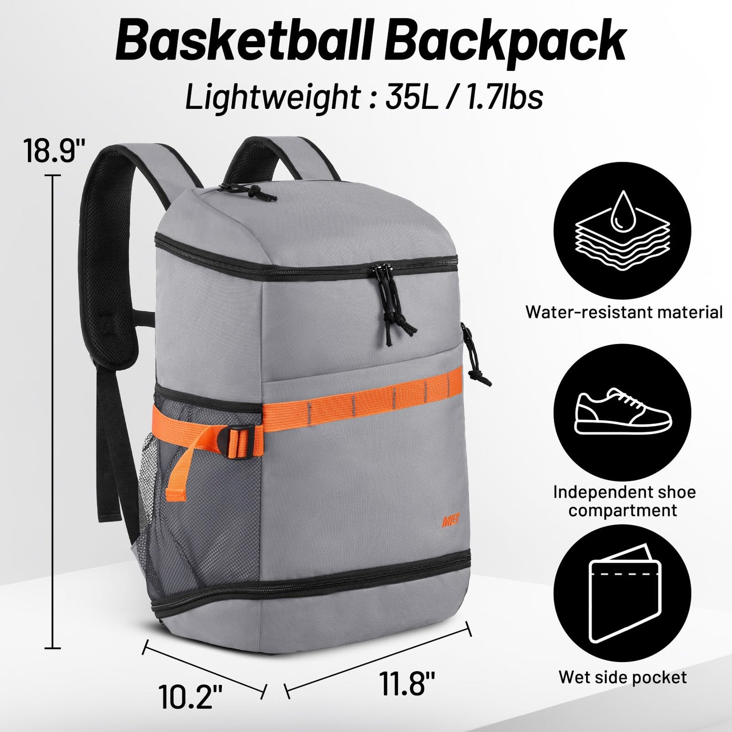 MIER Gym Backpack for Men Women, 35L Basketball Backpack with Shoe Compartment & Wet Pocket Waterproof Sports bag for Travel Workout, Gray