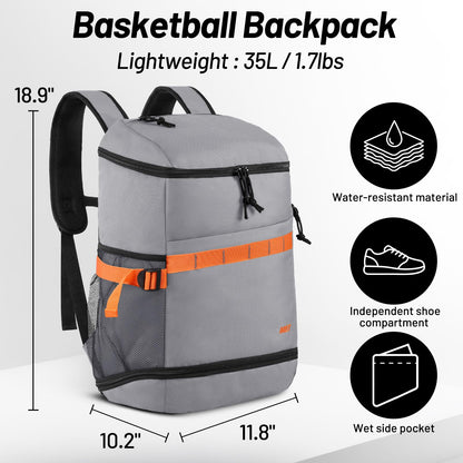MIER Gym Backpack for Men Women, 35L Basketball Backpack with Shoe Compartment & Wet Pocket Waterproof Sports bag for Travel Workout, Gray