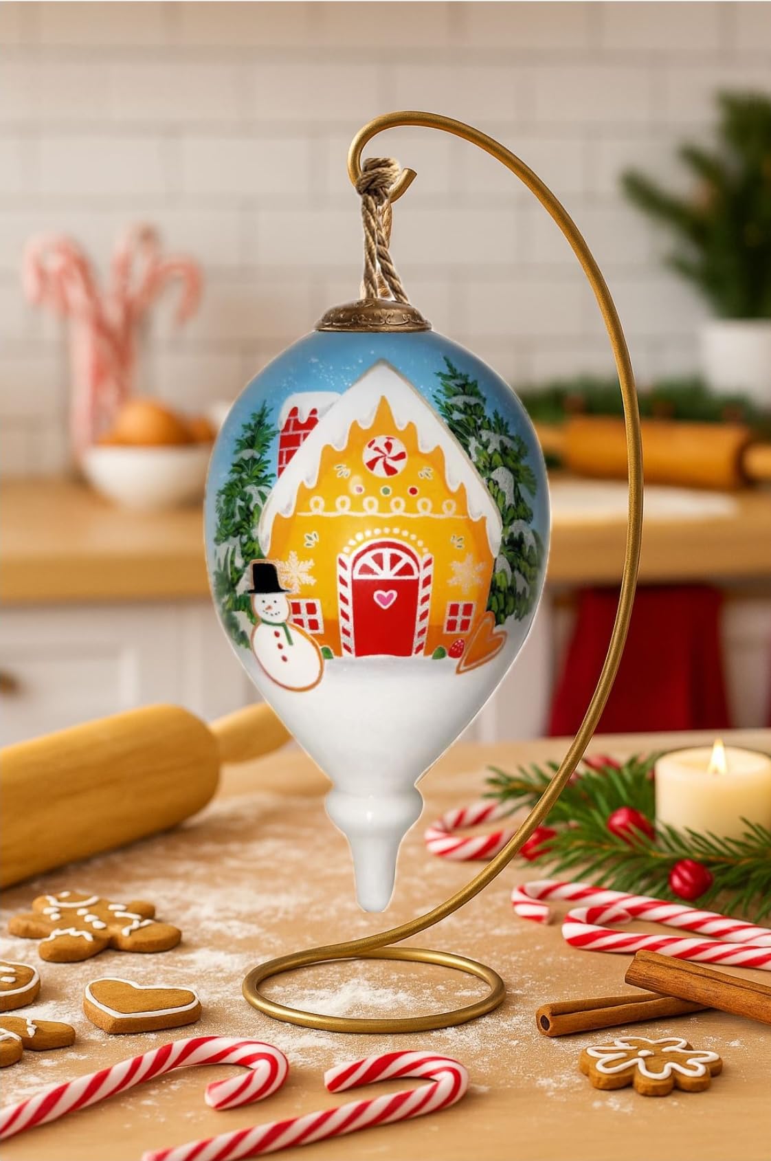 Gingerbread Ornament, Hand-Painted Glass Collectible – Gingerbread House & Man Christmas Decoration – Holiday Tree or Kitchen Décor – Gift Box Included (4.75”)