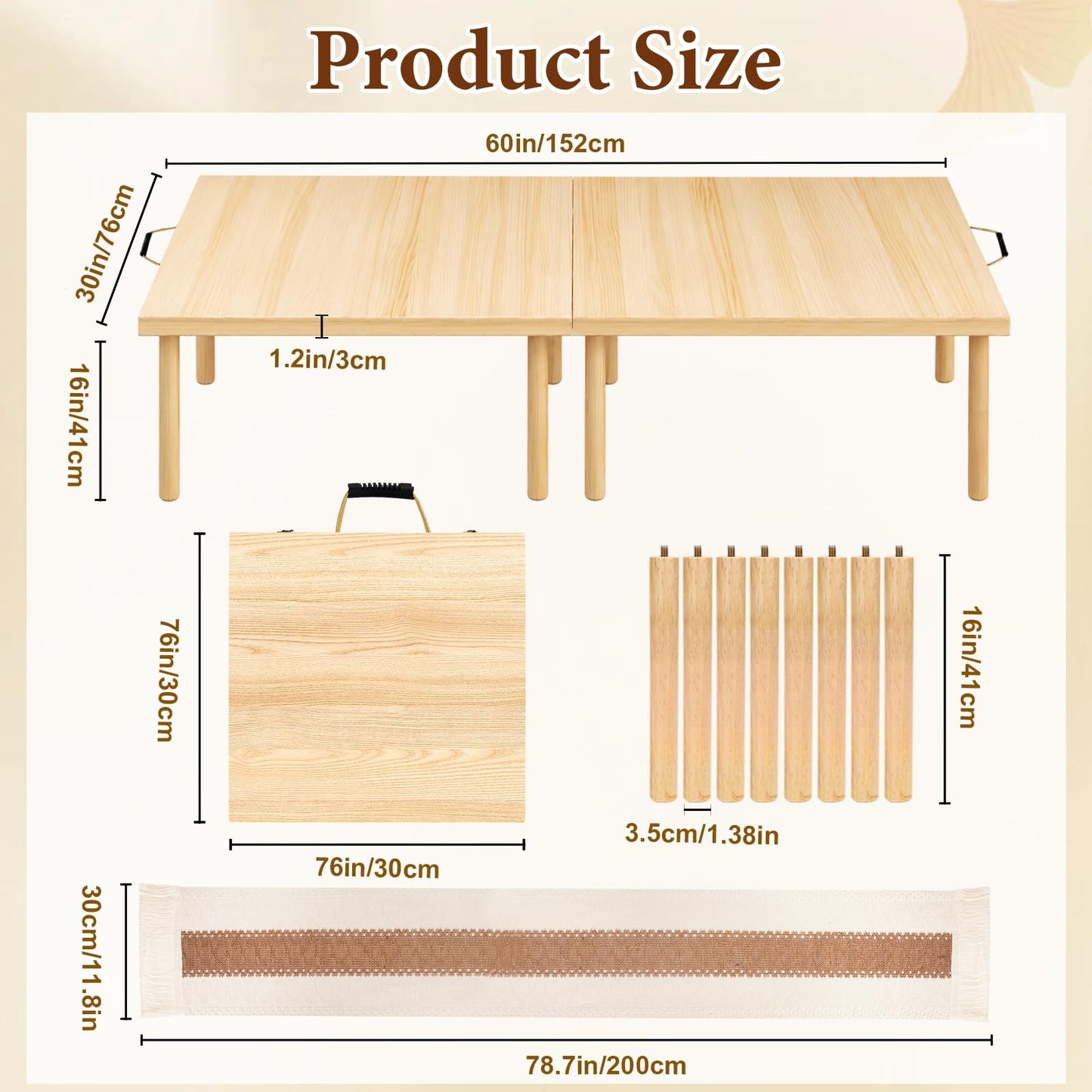 MLLNFUE Folding Wooden Picnic Table with Runner, 60"x30" Boho Portable Low Table for Floor Seating, Indoor Outdoor Picnic Table for Camping, Beach, Backyard, BBQ & Party (Seats 6)