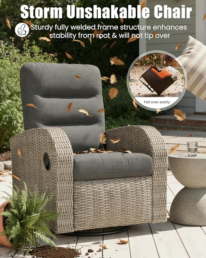 Outdoor Swivel Recliner Chair Set of 2, All-Weather Wicker Reclining Patio Chair with Adjustable Backrest and Footrest