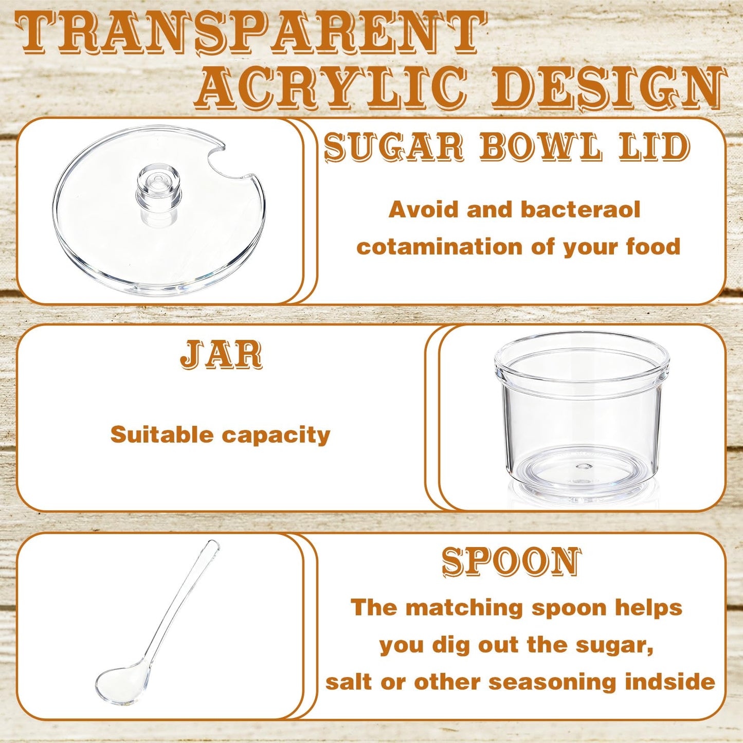 Ferrochef Set of 3 Clear Acrylic Sugar Bowl with Lid and Spoon for Coffee Bar Accessories, 7 oz Tea Sugar Coffee Container Salt Canister Spice Jars, Kitchen Seasoning Box Condiment Pots with Labels