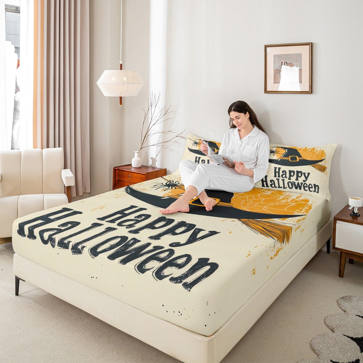 Feelyou Kids Happy Halloween Bedding Set Full Size, Witch Bed Sheets Set Boys Girls Spider Web Sheet Set Horror Decor Teens Bedroom Decor 4Pcs