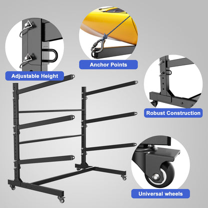 Baotree Heavy Duty Freestanding Kayak Storage Rack, Adjustable Metal Stand for 3 Kayaks, Canoes, SUPs, Paddleboards & Surfboards with Lockable Wheels, Indoor & Outdoor Use