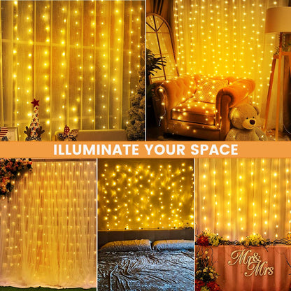 Christmas Curtain Lights 3m x 3m 300 LED, Curtain Fairy Lights Indoor/Outdoor, 8 Modes Remote Window Lights Adjustable Brightness, Curtain Light Warm White for Bedroom, Garden,Party,Christmas