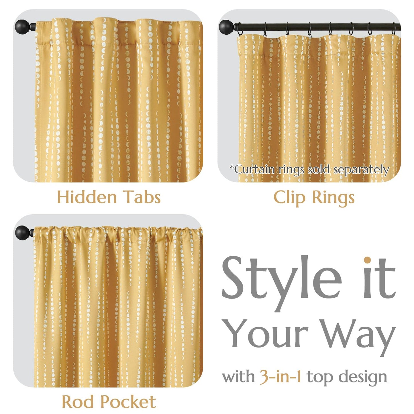 jinchan 95% Blackout Boho Curtains 63 Inch Length Moon Phases Printed Drapes Rod Pocket Thermal Insulated Curtains for Bedroom Nursery Mustard Yellow Window Drapes Curtain Set 2 Panels