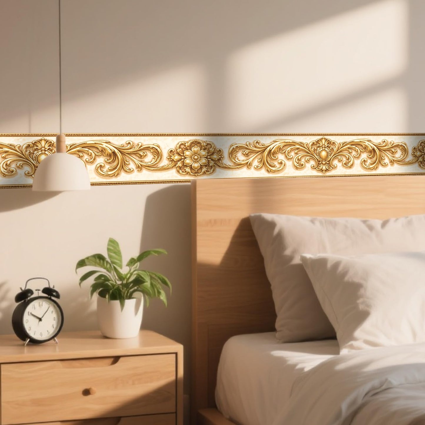 Nuxovilar Wallpaper Border Peel and Stick 3.94x16.4Ft PVC Removable Self-Adhesive Bathroom Kitchen Living Room (Gold Baroque Floral Scroll Pattern)