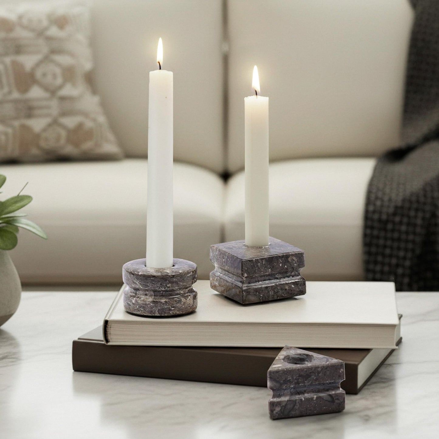 Marble Candle Holder Set of 3, Handmade Oceanic Stone Candlestick Holders, Minimalist Taper Candle Stand, Decorative Table Decor for Living Room & Dining, Centerpiece, Housewarming & Wedding Gift