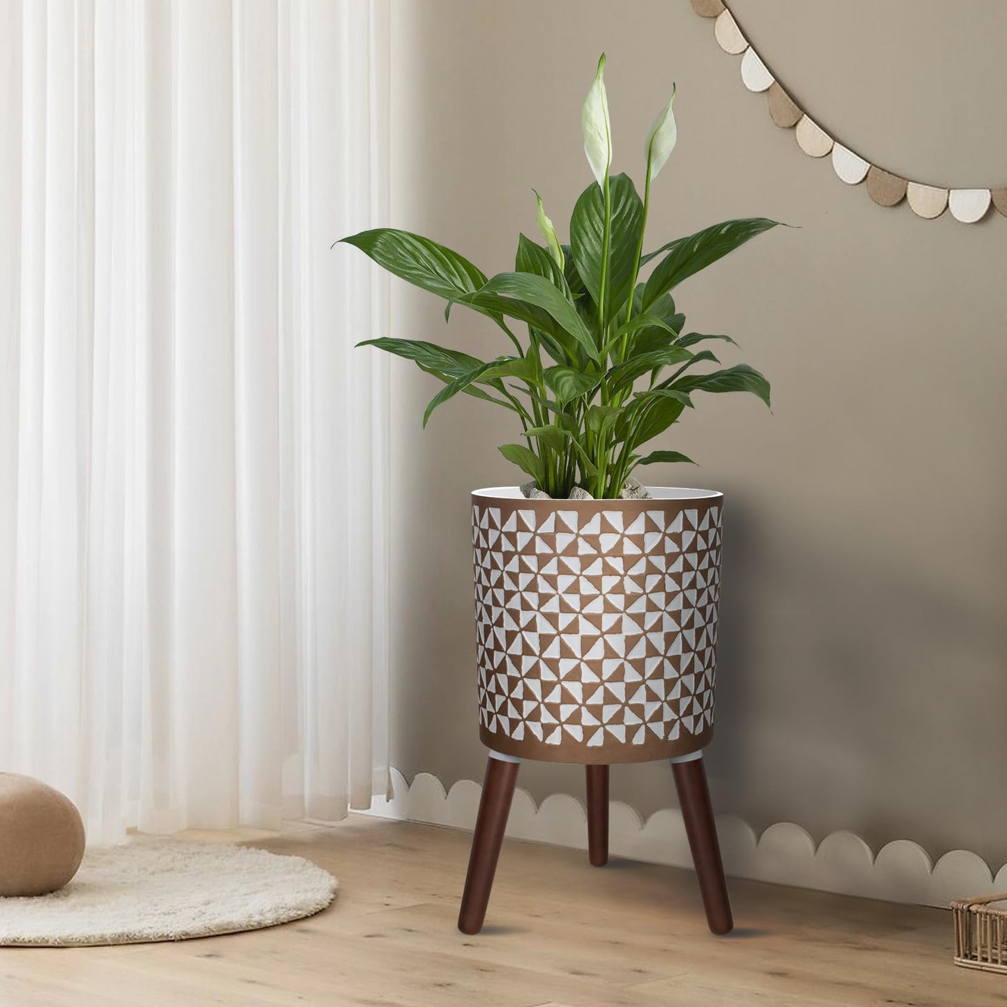 Opnons 10 Inches Plant Pots with Wood Stand Large Modern Standing Planters for Indoor Mid Century Flower Pot with Drainage Holes Big White & Gold Planters for Living Room, Office, Garden or Balcony