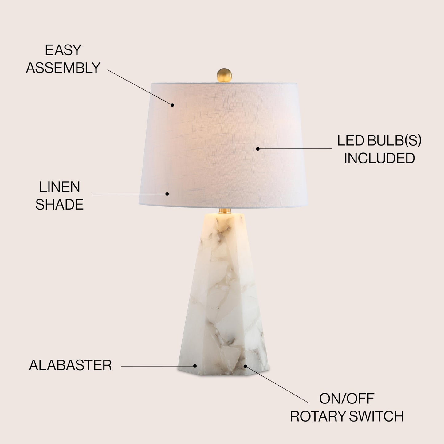 JONATHAN Y 25.5" Natural Alabaster/Brass Gold Modern Table Lamp for Bedroom, White Linen Shade, Contemporary Bedside Nightstand Lamp for Living Room, LED Bulb Included JYL6205A