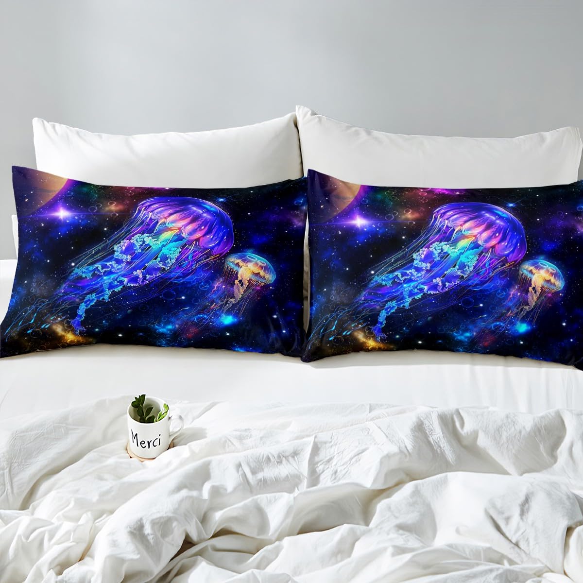Jellyfish Galaxy Fitted Sheet Set Full Size 4 Pcs,Blue Nebula Spaceship Bedding Set(1 Fitted,1 Flat,2 Pillowcases),Universe Stars Planets Luxury Deep Pocket Bed Sheets for Girls Teesn Room