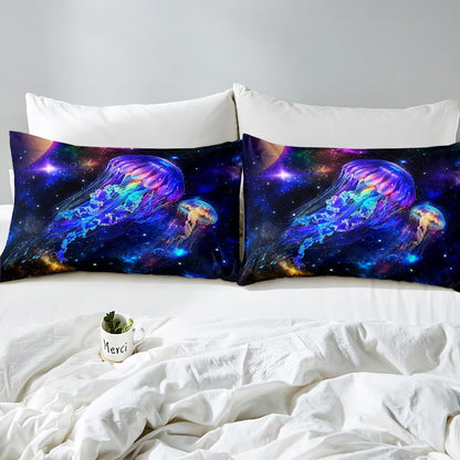 Jellyfish Galaxy Fitted Sheet Set Full Size 4 Pcs,Blue Nebula Spaceship Bedding Set(1 Fitted,1 Flat,2 Pillowcases),Universe Stars Planets Luxury Deep Pocket Bed Sheets for Girls Teesn Room