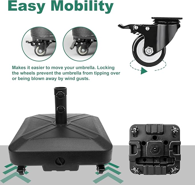 Patio Umbrella Base Heavy Duty with Wheels Square Market Stand for Outdoor 4 Locks 2 Knobs 125lb Capacity, Black