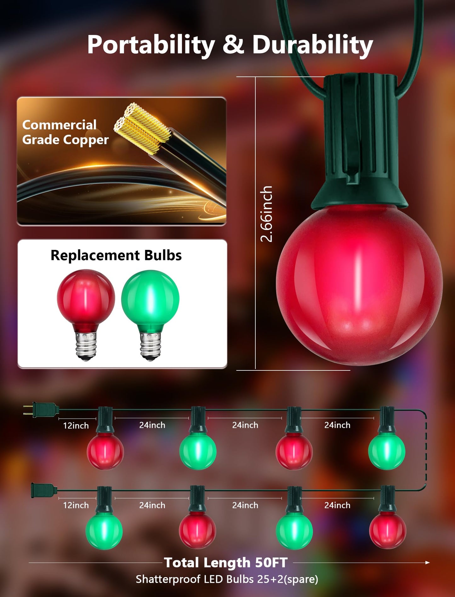 50Ft G40 Frosted Red and Green Christmas Lights, G40 Globe Patio String Light with 27 LED Bulbs(2 Spare), Hanging Christmas Tree Lights for Indoor Outdoor Holiday Party Backyard Christmas Decoration