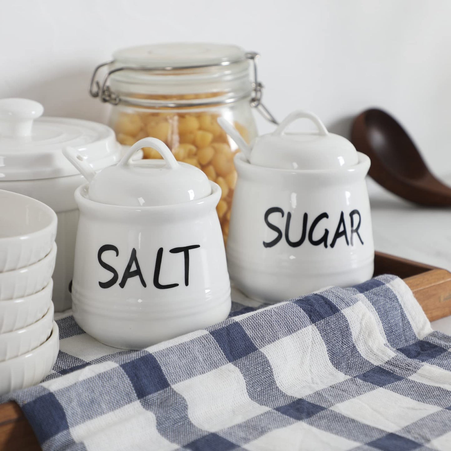 Salt and Sugar Bowls with Lid and Spoon -12 oz Ceramic Salt and Sugar Cellar Set, Salt and Sugar Containers, Spice Box for Counter, Farmhouse Kitchen Decor, White