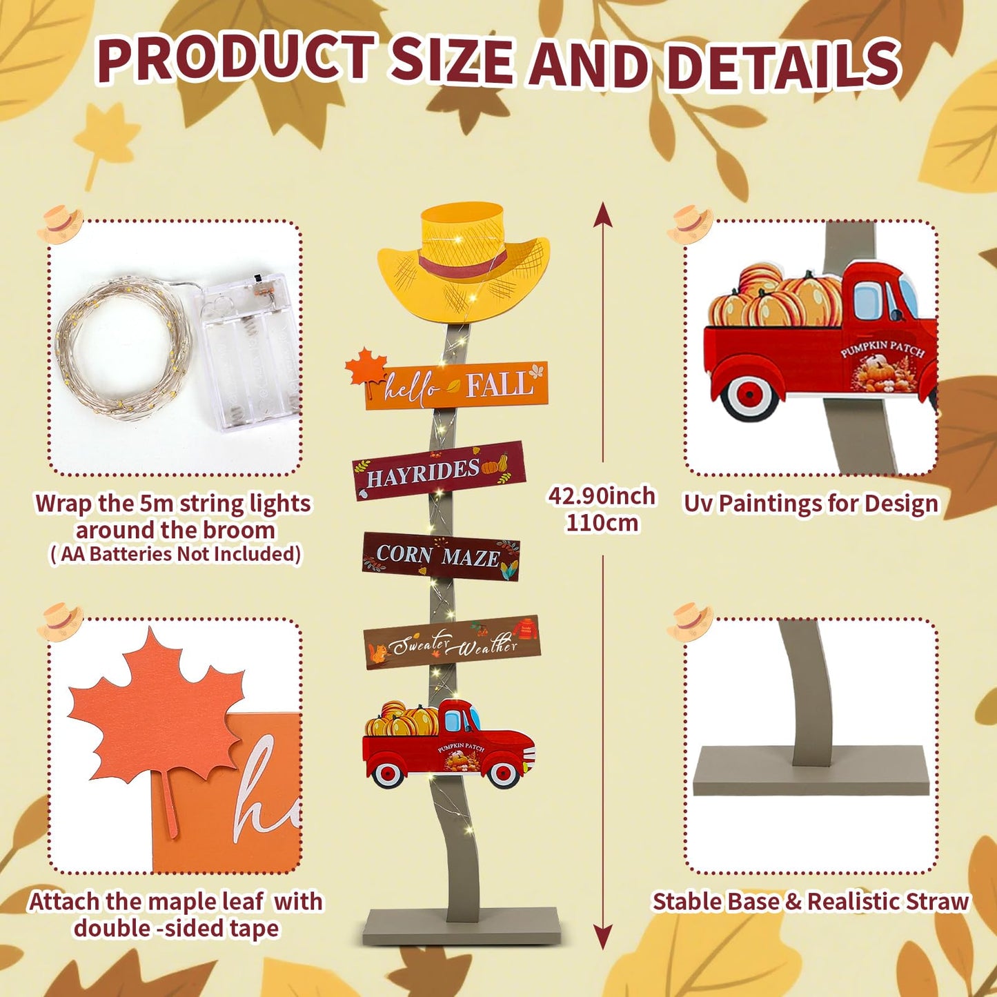 Lighted Wood Hello Fall Porch Sign,Fall Welcome Porch Decor,Autumn Maple Pumpkin Truck Sweater Weather Standing Wooden Signs for Harvest Thanksgiving Decor