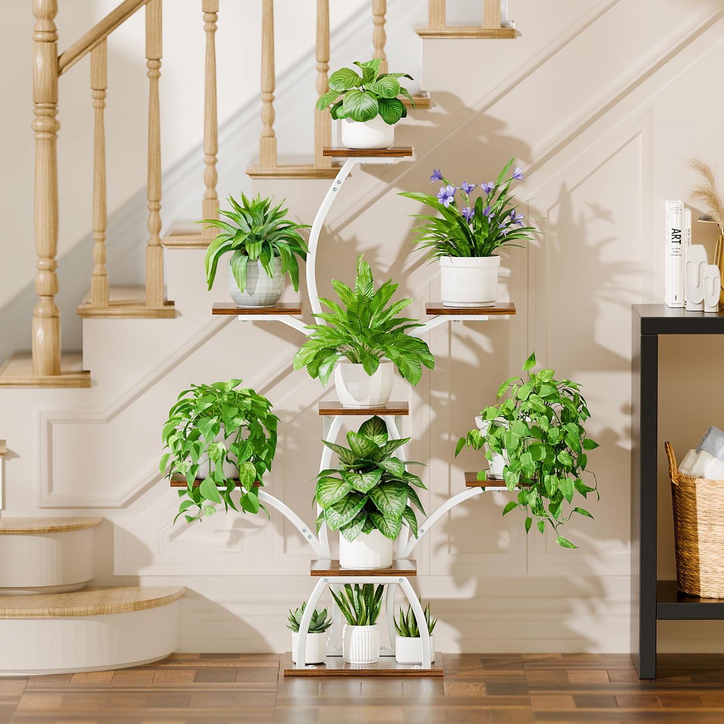 Plant Stand Indoor with Grow Lights, 6 Tiered Plant Shelf Indoor, 50" Corner Plant Stands for Indoor Plants, Lighted Tree-Shaped Plant Holder, Tall Flower Display Rack for Living Room, Patio（White)