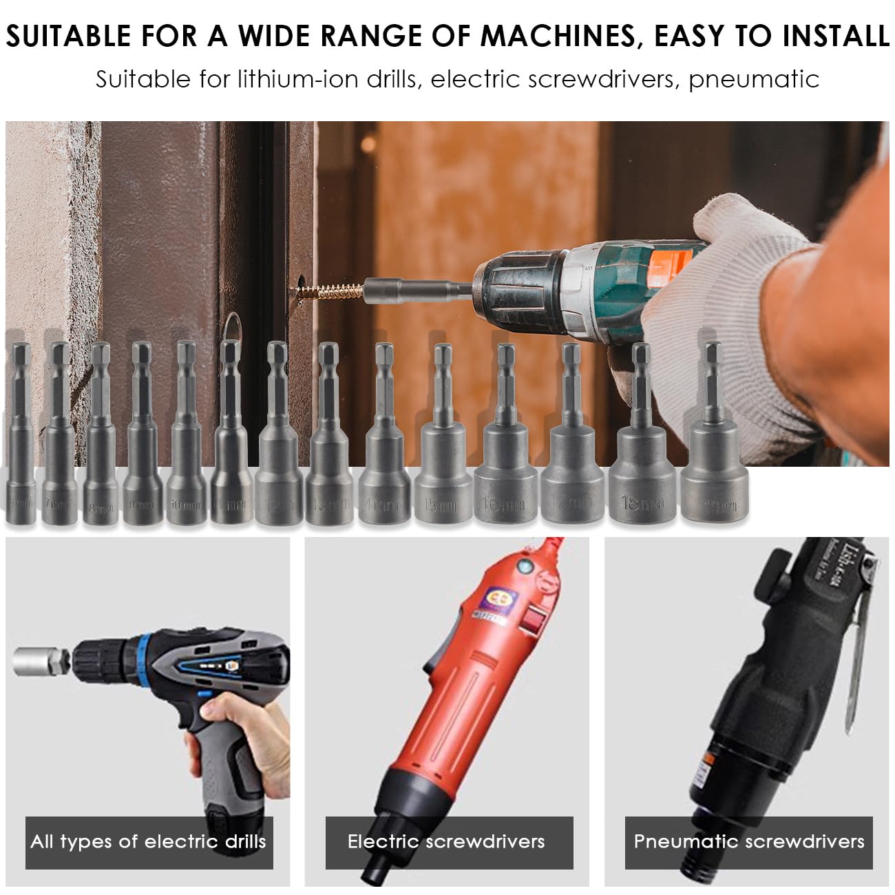 14 x TIMESETL Magnetic Hex Socket Impact Screwdriver 6-19 mm, Magnetic Socket Wrenches Hexagonal Socket Set 1/4 Hexagonal Socket Adapter Tool
