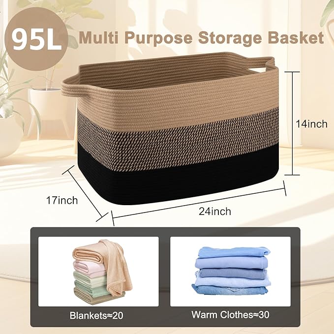 OIAHOMY Extra Large Blanket Basket, 95L Cotton Rope Woven Laundry Basket