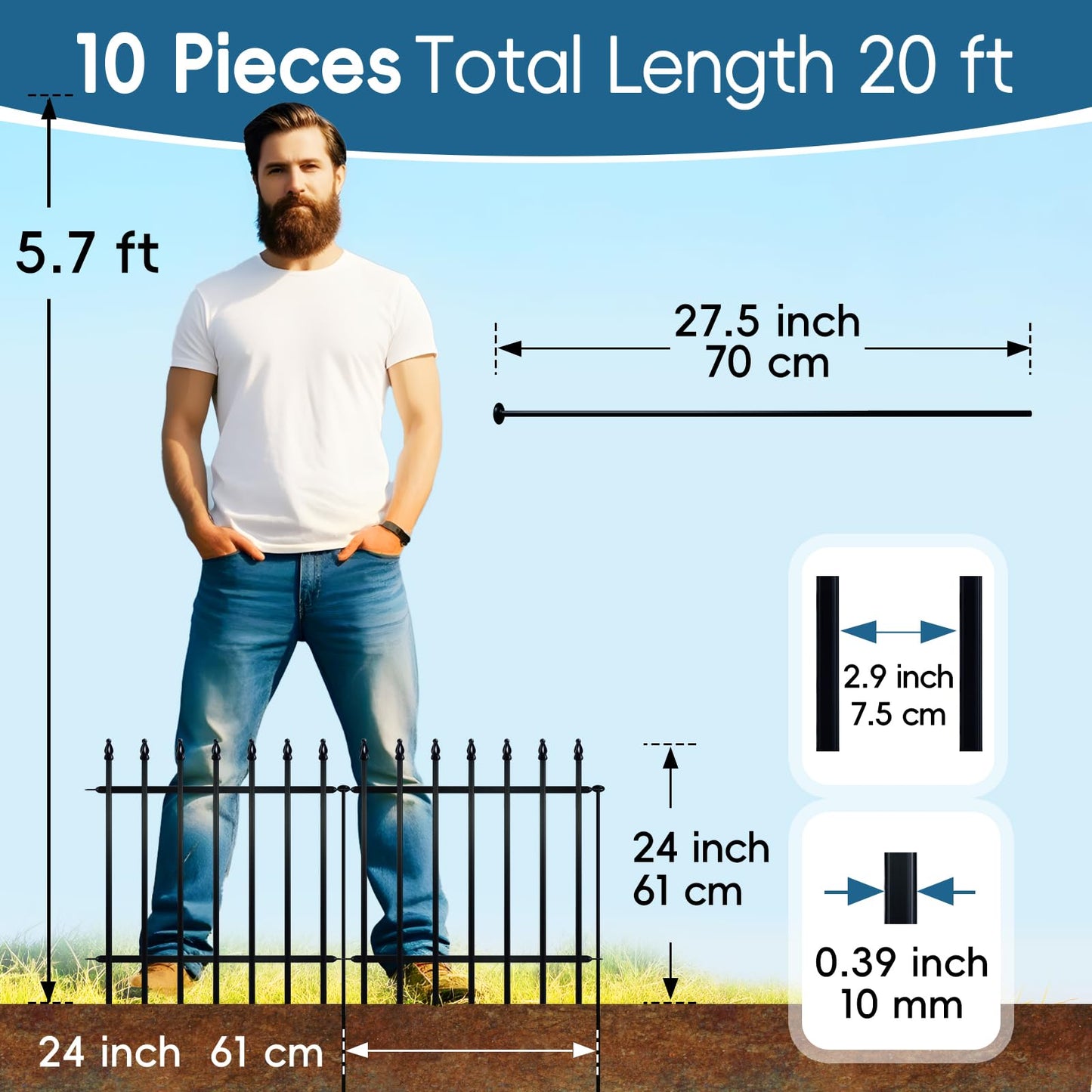 Thealyn Metal Garden Fence 24 inch H x 24 inch W (10 Panels, Total Length 20 ft) Decorative Fence Border Fence Landscape Fencing for Dog, Flower Bed, Yard, Animal Barrier