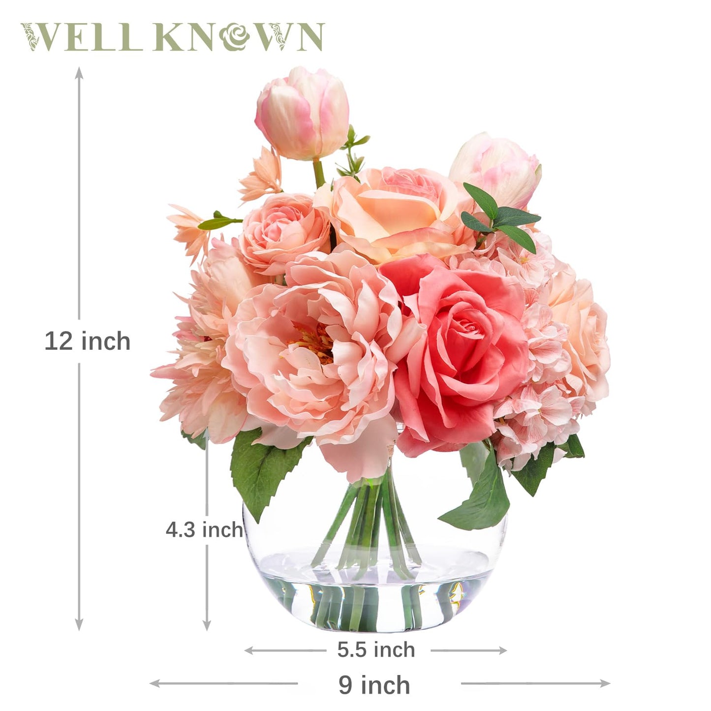 WELL KNOWN Artificial Flowers in Vase with Fake Water, Peach Pink Silk Peony Rose Tulip Spring Flower Bouquet for Home Birthday Party Wedding Dining Table Centerpieces Office Decor Mom's Gift