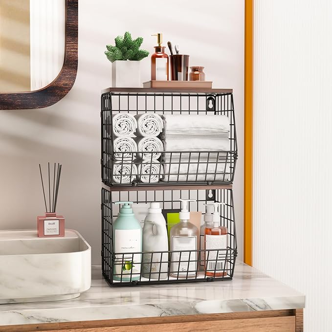 2 Tier Fruit Bowl Fruit Basket for Kitchen Counter Stackable Wall Mounted