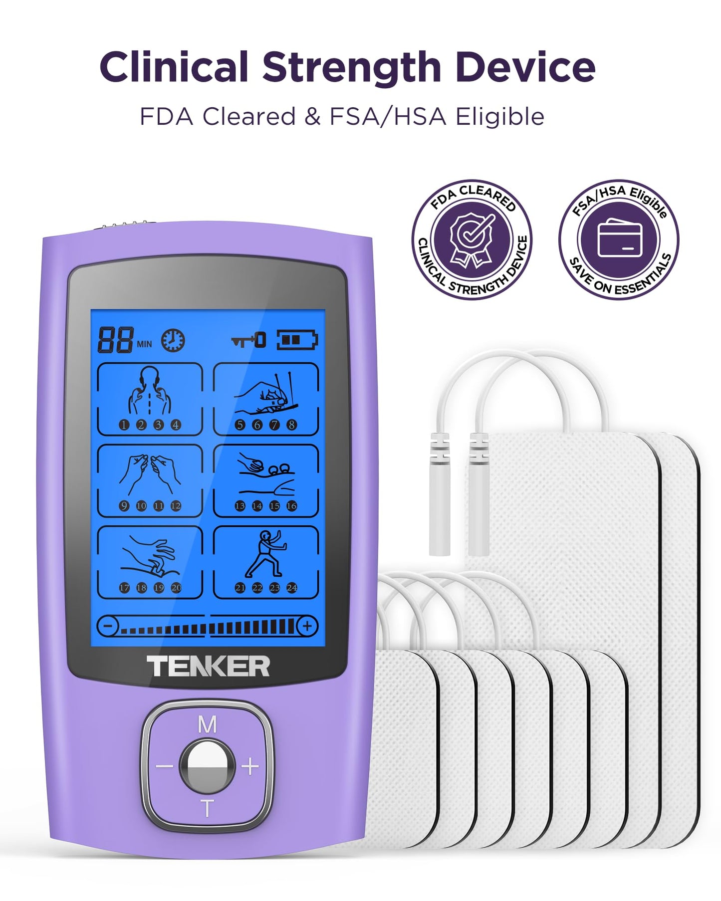 TENKER TENS Unit Muscle Stimulator, 24 Modes TENS EMS Machine for Pain Relief Therapy/Pain Management, Rechargeable Electronic Pulse Massager with 2"x2" and 2"x4" TENS Unit Electrode Pads