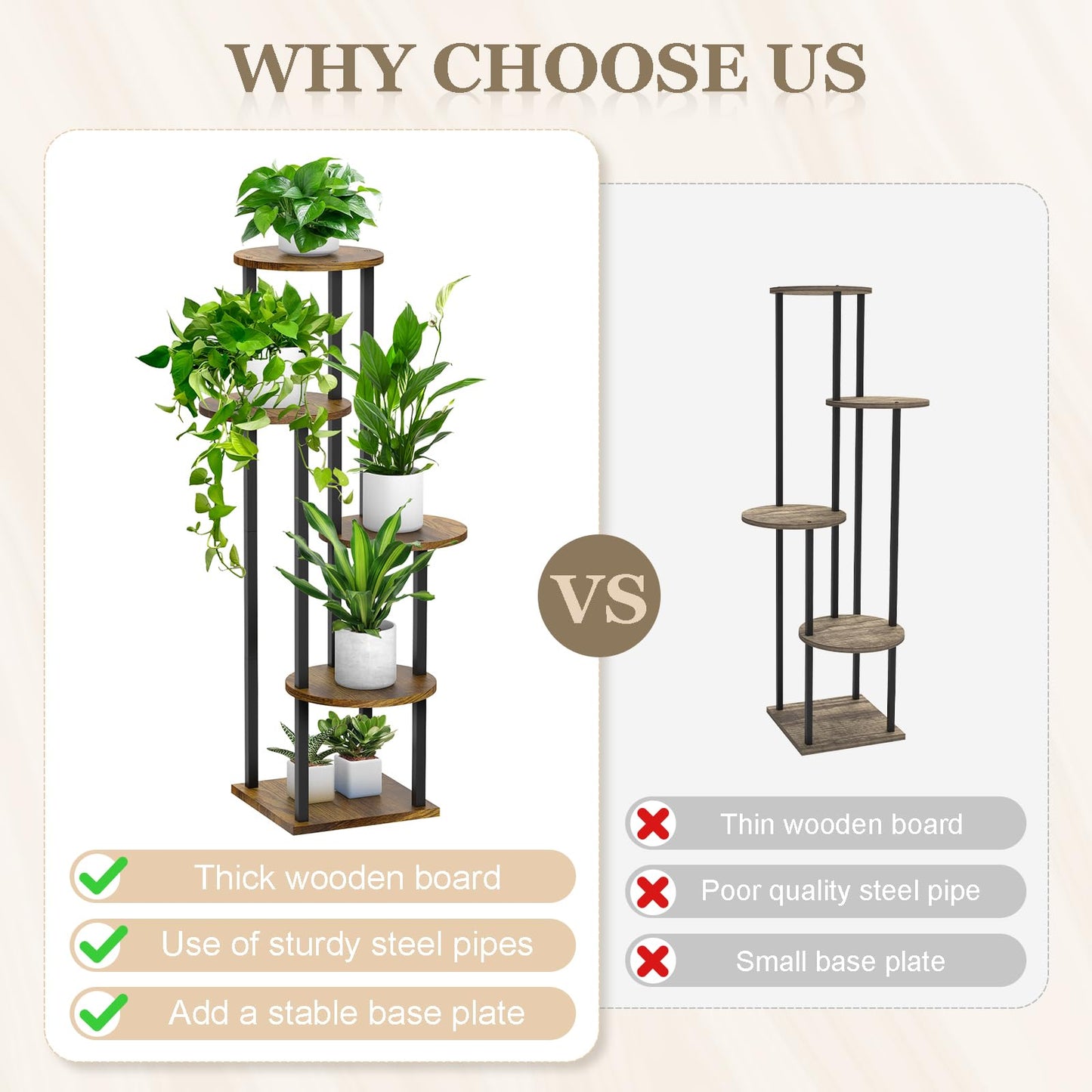 SMFANLIN 5 Tier Plant Stand Indoor, Metal Wooden Tall Plant Shelf Flower Pot Stand for Multiple Plants, Corner Flower Holder Plant Display Rack for Living Room Balcony Patio Garden (Rustic Brown)