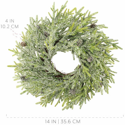 AuldHome Design Artificial Christmas Wreaths (2-Pack, 14-Inch); Evergreen Flocked Greenery w/Pinecones for Doors, Stairways and Windows, Indoor/Outdoor