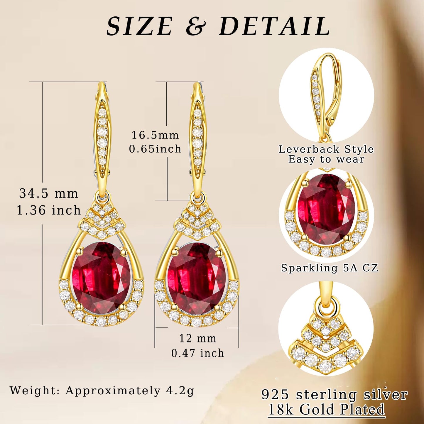 Red Garnet Earrings Gifts for Women Sterling Silver January Birthstone Teardrop Leverback Drop Earring for Women 18K Gold Plated Wedding Jewelry for the Bride Earrings Birthday Gifts for Mom Party