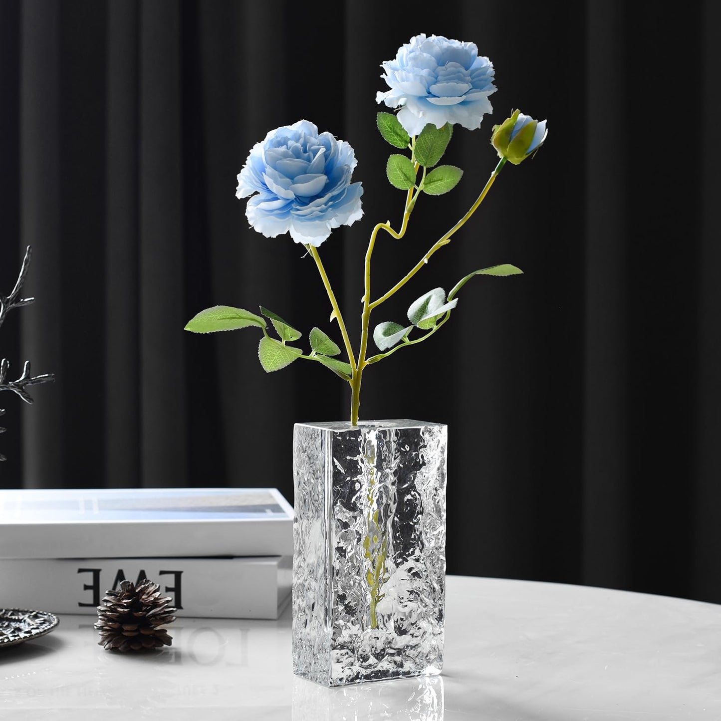Marvala Crystal Flower Vase with Glacial Texture, Clear, Handcrafted Centerpiece for Wedding, Home Decor, Table Display
