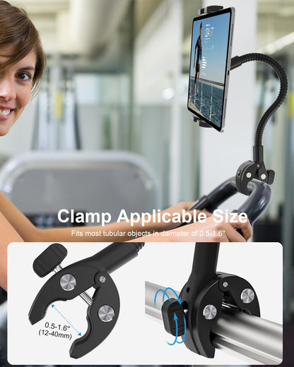Gooseneck Tablet Holder for Wheelchair/Stroller/Golf Cart/Boat/Mic stand/Indoor Cycling Bike/Gym Bicycle Handlebar Clamp, Compatible with 4.7-13" iPad Pro/Air/Mini, iPhone, Galaxy, Fire HD, E-book