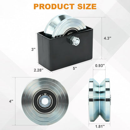 2 Sets 4'' V-Groove Sliding Gate Wheels with Welded Bracket Box, Heavy Duty Inverted V Tracks Sliding Gate Rollers, Double Sealed Bearing 3000 Lbs Capacity