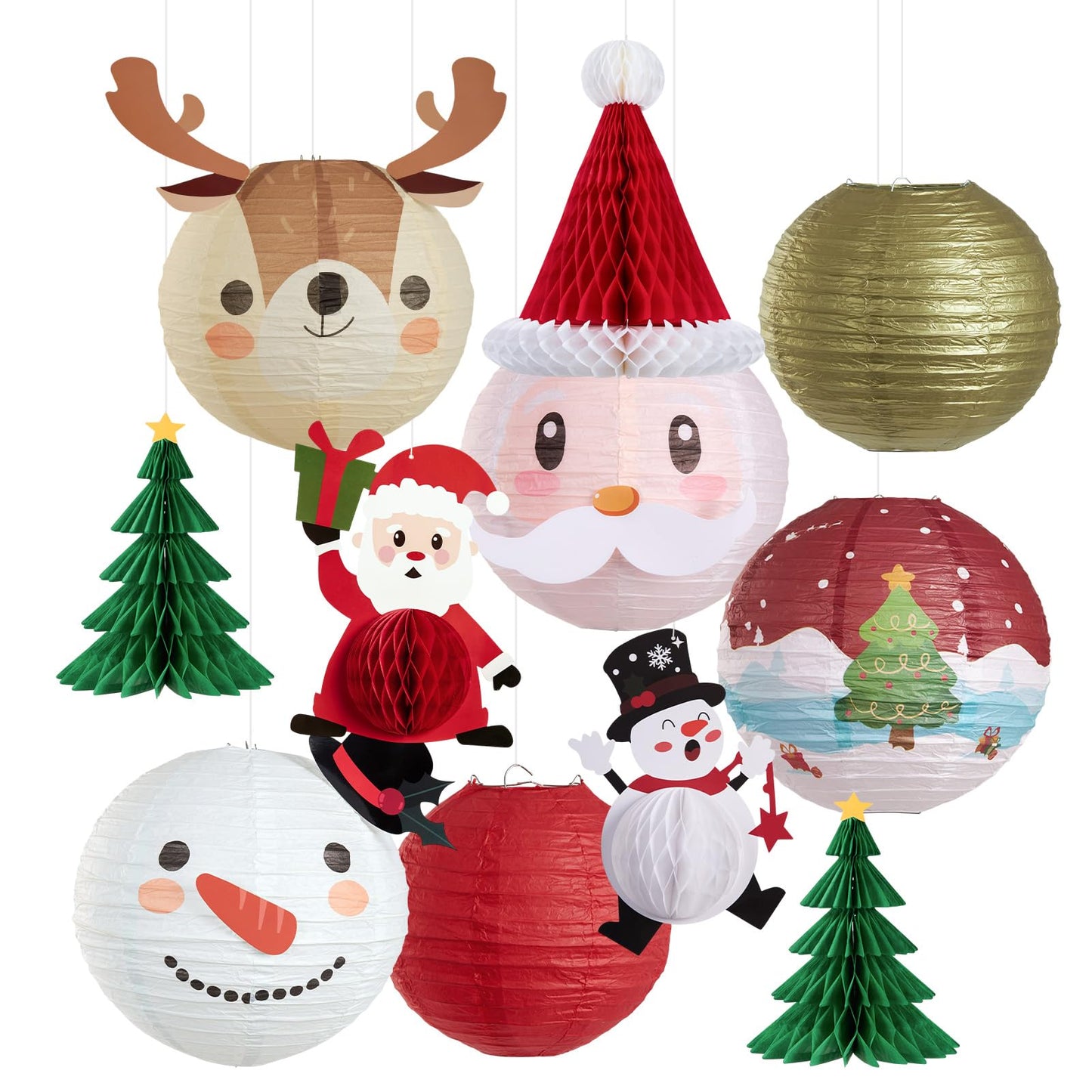 OBBOLO Christmas Hanging Paper Lanterns and Honeycomb Set, 11 PCS Santa Snowman Reindeer Theme Lanterns and Paper Christmas Tree Honeycombs, Holiday Ceiling Party Decorations for Home, Classroom