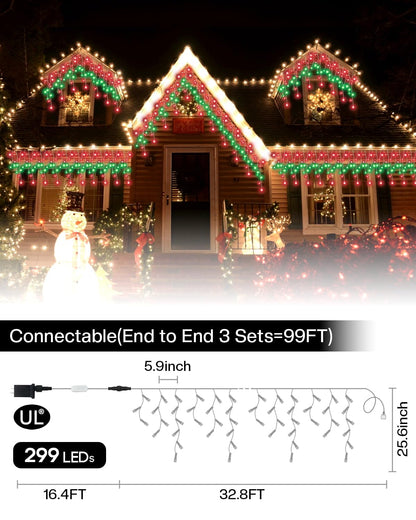 33FT Smart RGB Christmas Icicle Lights – APP Control LED String Lights for Outside, Music Sync, DIY Color Changing, 58+ Modes, Connect 3 Strands (99FT) – Waterproof Icicle for Roof, Tree, House