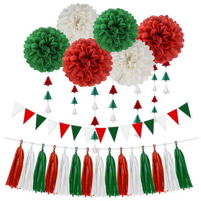 Red White Green Christmas Decorations - 23pcs Tissue Paper Flowers Pom Poms Tassel Garland Banner 3D Christmas Tree Paper Streamers Birthday Party Decorations For Home Indoor Outdoor Hanging Decor