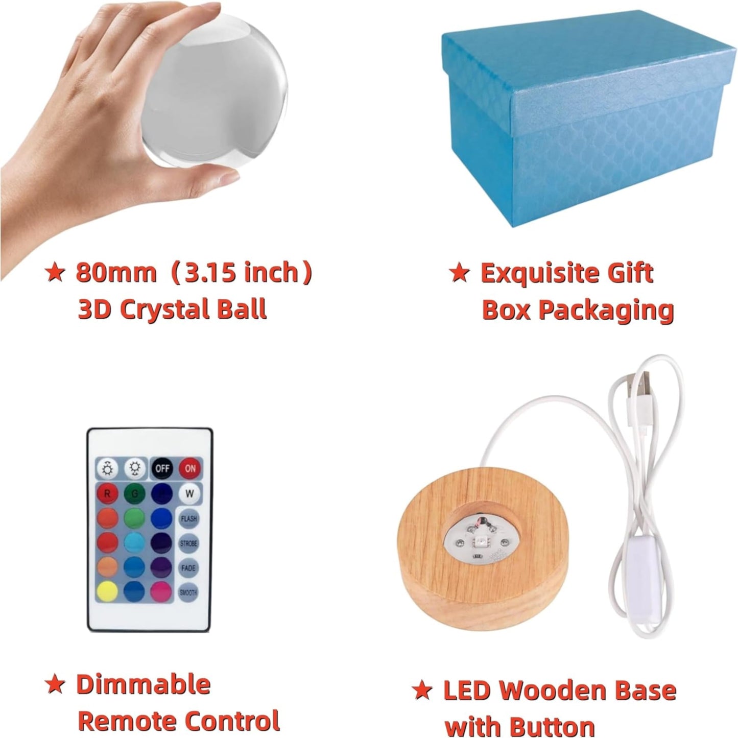 LMLOBEP Large Angel Crystal Ball Night Light with Woodern Base, 3D Crystal Lamp 16 Color Changing with Remote Control, Laser Engraved Glass Ball Lamp, Room Decor (Angel)
