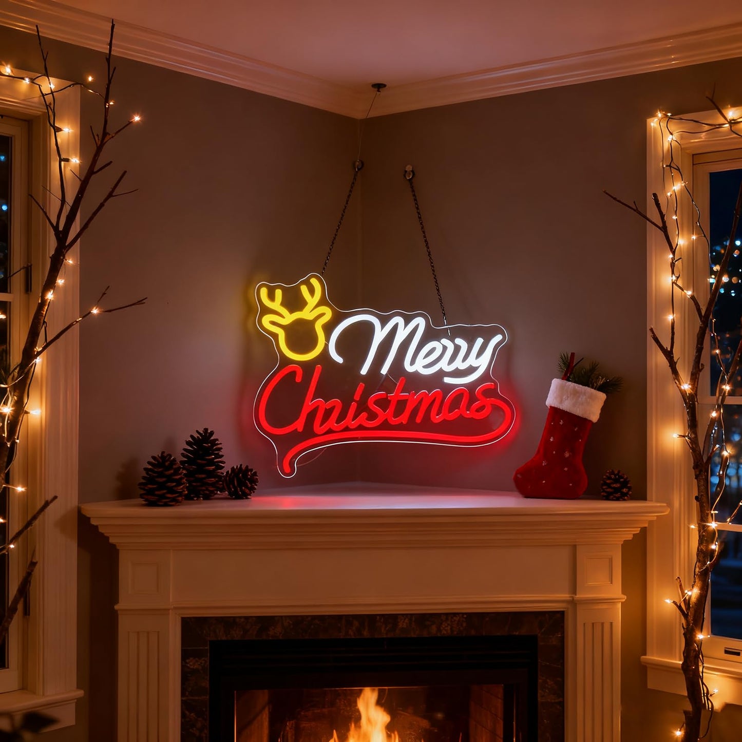 Mvorixa Merry Christmas Neon Sign, Reindeer Neon Sign – LED Light Up Christmas Sign, Home Living Room Wall Decor, Xmas Neon Signs, 15.91x11.85in, USB Powered, Adjustable Brightness