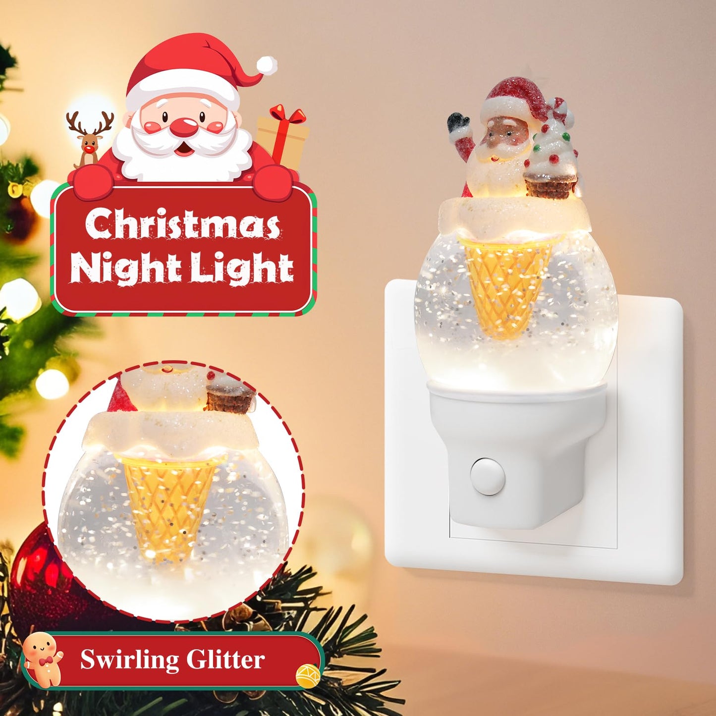 Christmas Santa Night Light Plug into Wall Glitter Water Nightlight with USB/Outlet Options, Christmas Decorative Nightlight for Bedroom Kitchen Nursery Holiday Decorations Gifts (Santa Ice Cream)
