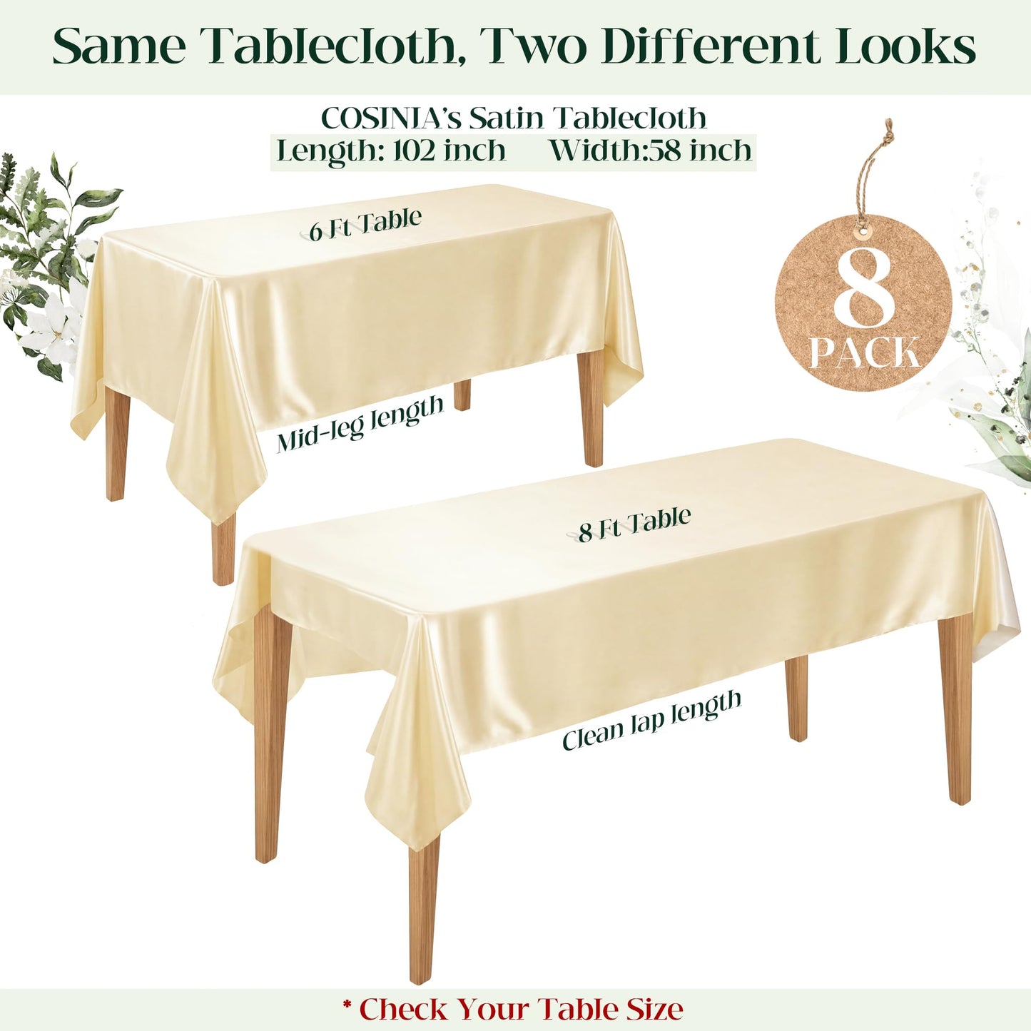 COSINIA 8 Pack Champagne Satin Tablecloth 58 x 102 Inches, Rectangular Satin Table Cloths for Wedding Reception, Birthday Party, Graduation & Holiday Banquet Tables
