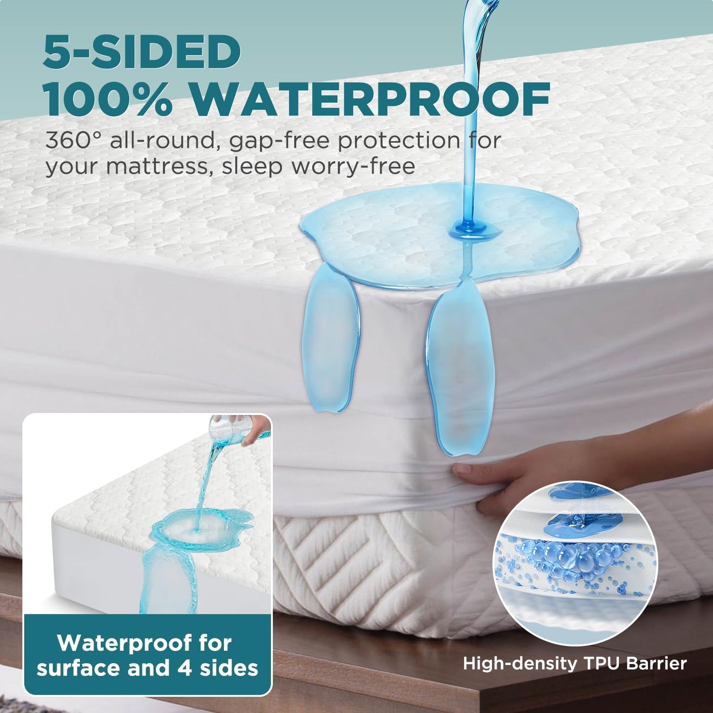 5-Sided Waterproof Mattress Protector, King Size Quilted Bamboo Rayon Mattress Cover, Breathable Cooling Noiseless Bed Fitted Sheets, Soft Bedding Pad with Deep Pocket Up to 18"