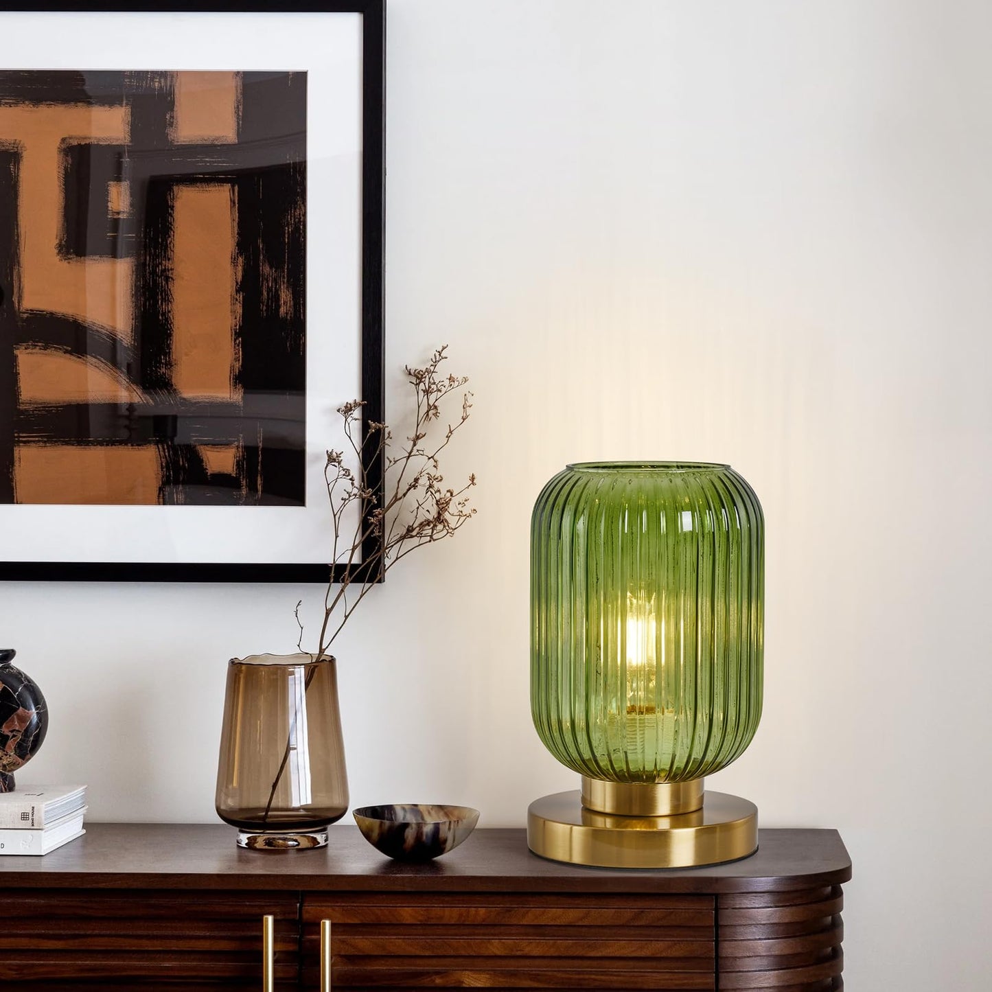 Mid Century Modern Table Lamp: Vintage Green Ribbed Glass Globe Dimmable Plug in Small Bedside Lamps - Cute Brass Gold Side Table Lamp Nightstand Light for Bedroom Entryway Office Desk Living Room
