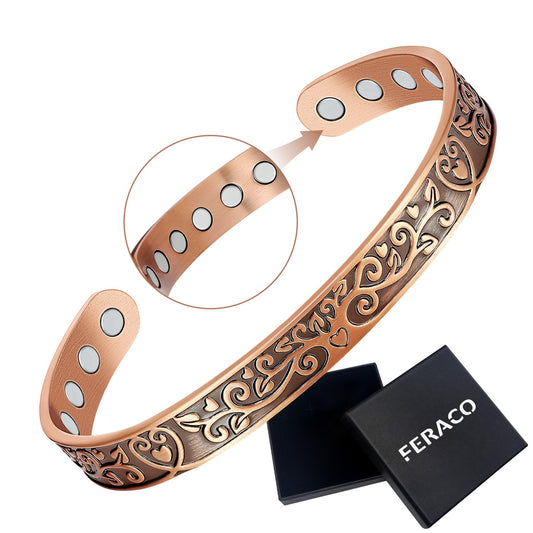 Feraco Copper Bracelets for Women Enhanced Strength Magnetic Bracelets for Women with 3800 Gauss Magnets, Pure Copper Jewelry Adjustable Cuff Bangle with Giftable Box (Original Design)