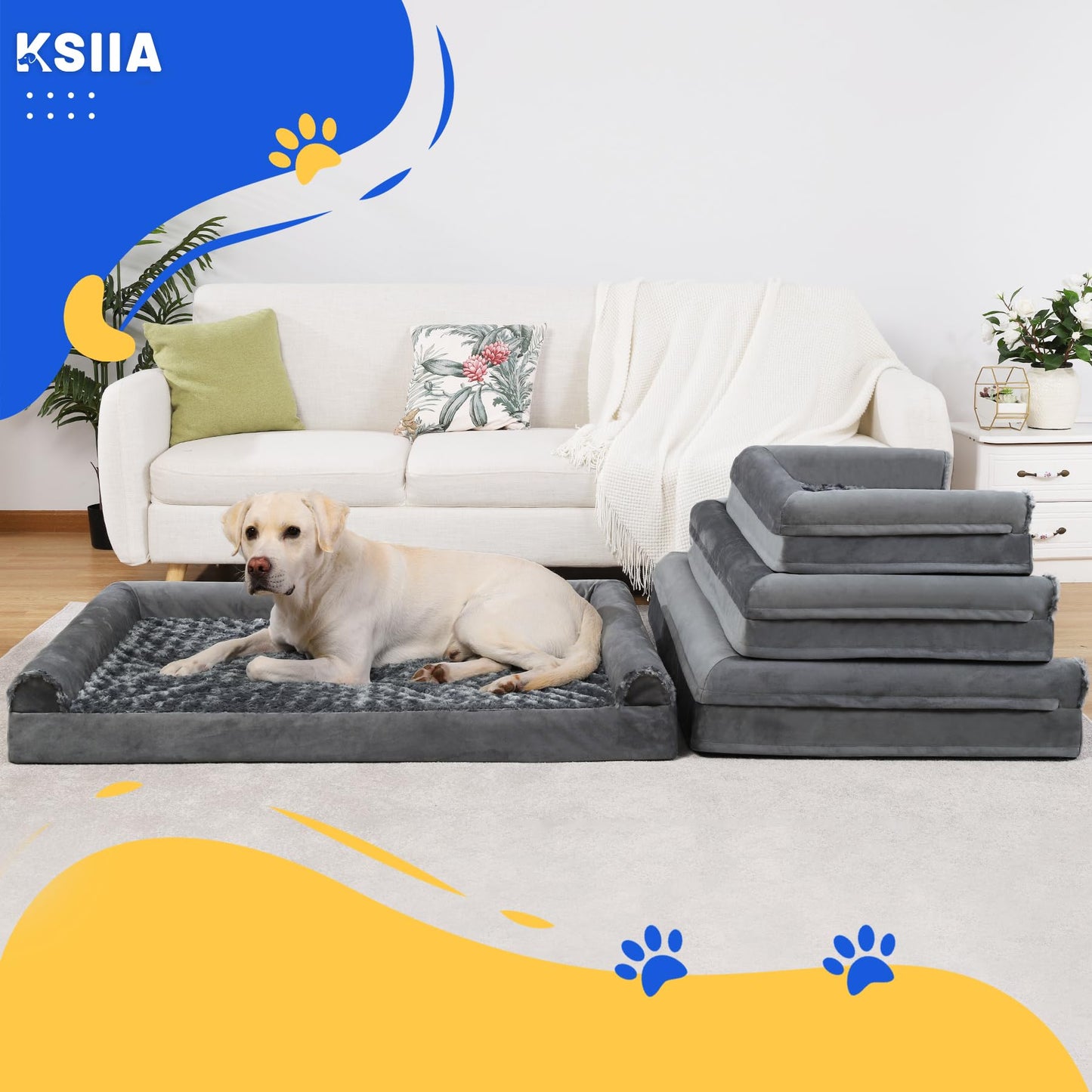 KSIIA Large Dog Bed, Orthopedic Dog Sofa Beds Pet Bed, Dog Couch with Removable Washable Cover, Waterproof Dog Bed, Pet Sofa with U-Shape Bolster, Grey 90x57x16cm