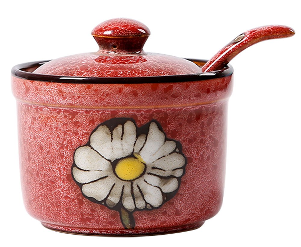 Ceramic Retro Flower Sugar Bowl Seasoning Pot with Lid And Spoon