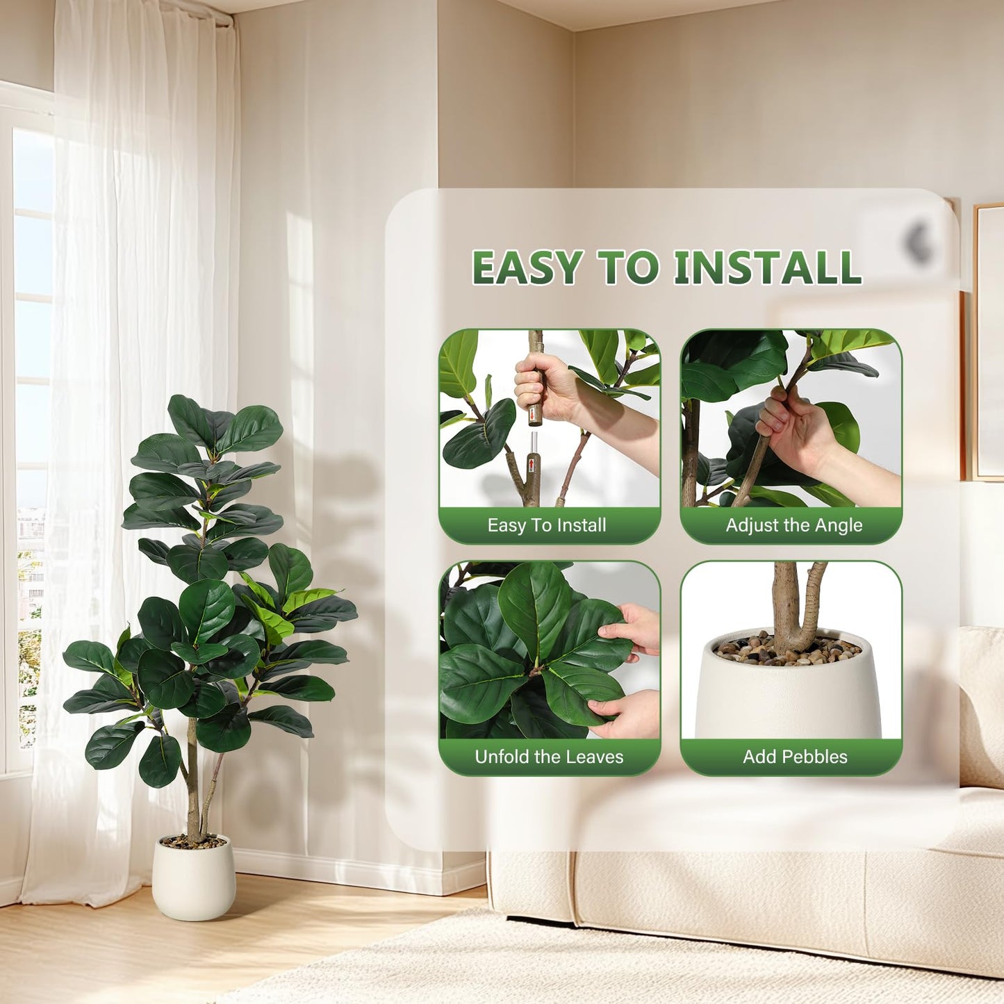 4 ft Fiddle Leaf Fig Tree Artificial with 48 Leaves - Realistic Faux Ficus Lyrata Trees in 7.8 in White Planter Pot, Indoor Fake Floor Plants for Home Office Living Room Decor, Housewarming Gift