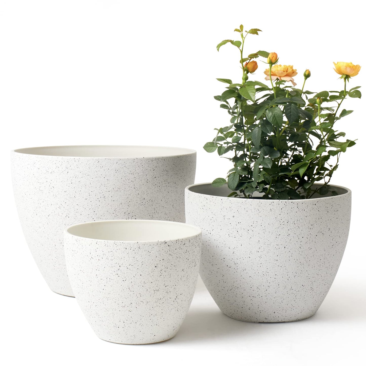 LA JOLIE MUSE 14.2/11.3/8.6 Inch Planters,Indoor/Outdoor White Planters Set of 3,Plant Container with Drain Holes,Flower Pots for Patio and Deck