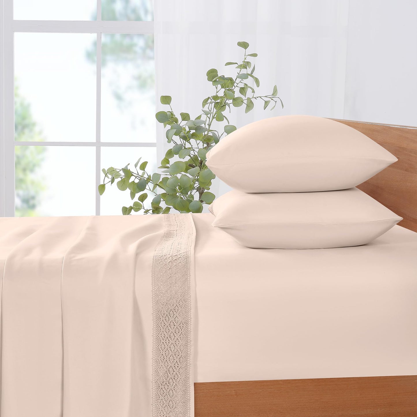 Modern Threads 3 Piece Microfiber Sheet Set – Soft Cooling Bed Sheets with Crochet Lace – Deep Pocket, Wrinkle Free, Breathable, Hotel Luxury Bedding, Blush Pink, Twin