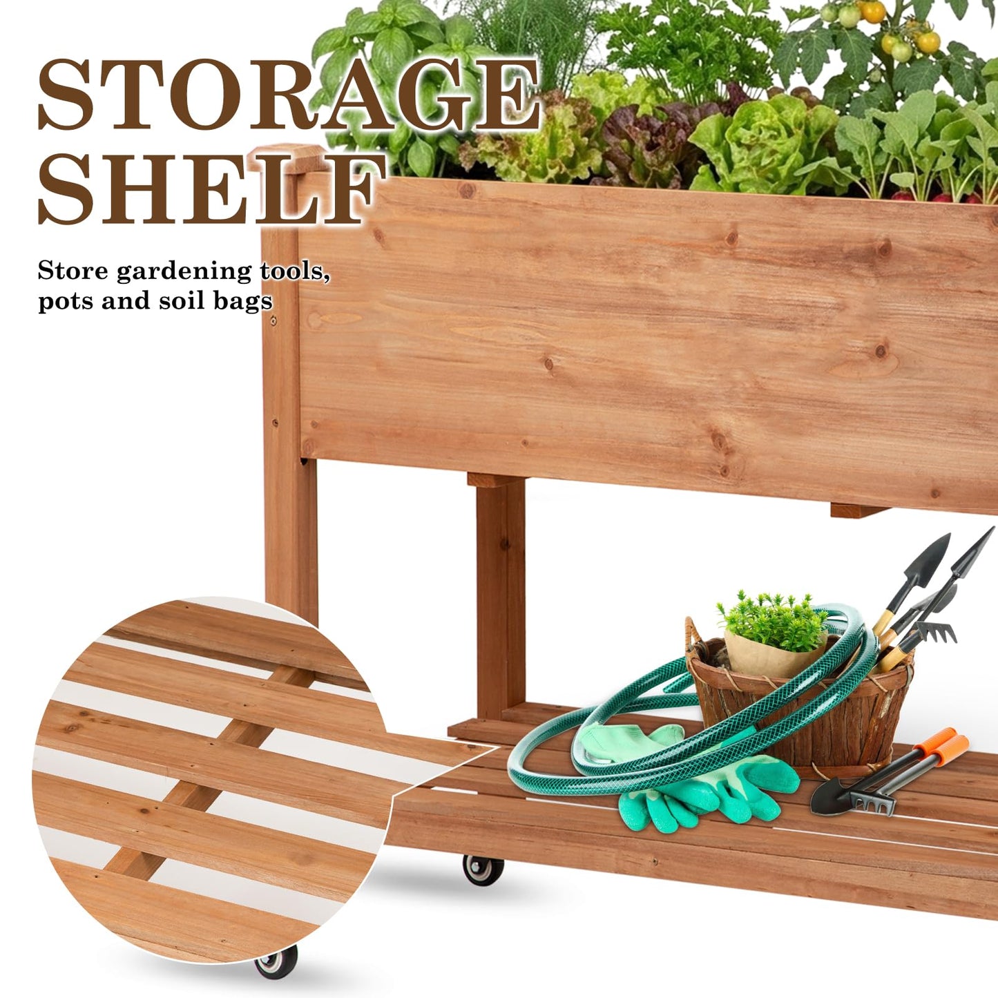 Nature Crafted Raised Garden Bed with Lockable Wheels, 32x16x32 inch Elevated Wood Planter with Storage Shelf Protective Liner for Vegetable Flower Herb Outdoor Balcony Patio Backyard, Brown