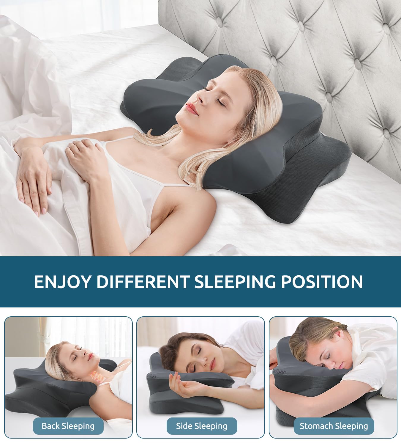 Cervical Pillow for Neck and Shoulder, Ergonomic Contour Memory Foam Pillows for Sleeping, Cooling Neck Support Pillow for Back Stomach Side Sleeper Dark Grey
